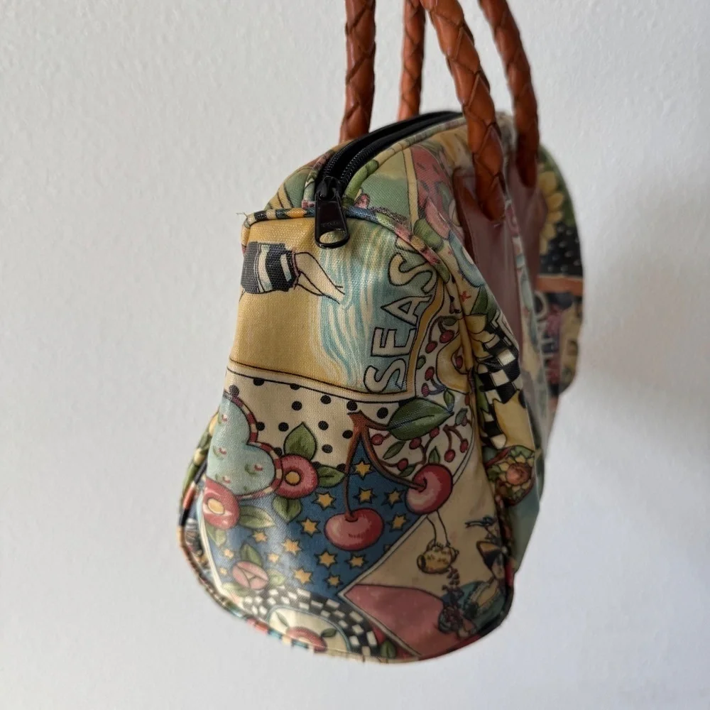 Vintage Mary Engelbreit Print Nordic House Designs Canvas Leather Duffle Purse